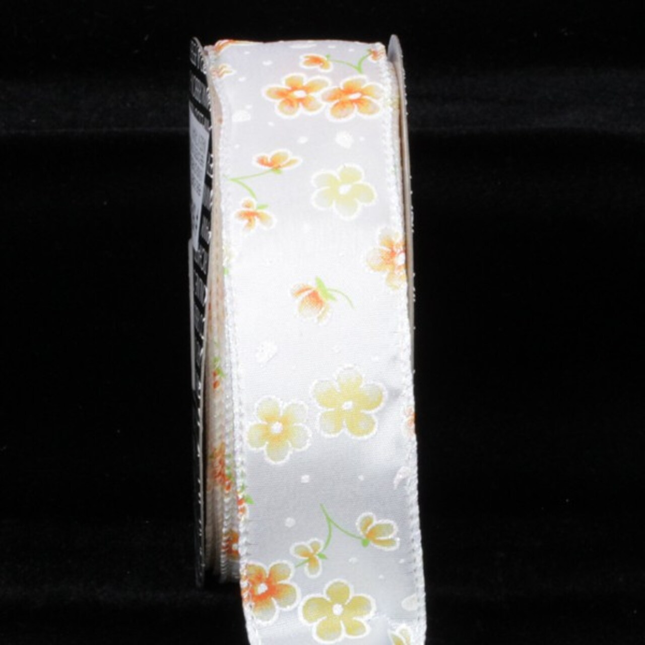 The Ribbon People White and Orange Flower Print with Pearl Edge Wired Craft Ribbon 1.5&#x22; x 80 Yards